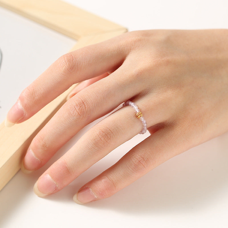 2mm Citrine Ring – Lavender tiny bead ring worn on finger with gold charm, everyday dainty jewelry