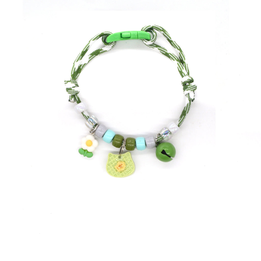 Pet Collar with Bell – Green-white rope with daisy, cat tag & green bell, nature kawaii collar