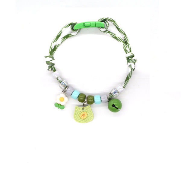 Pet Collar with Bell – Green-white rope with daisy, cat tag & green bell, nature kawaii collar