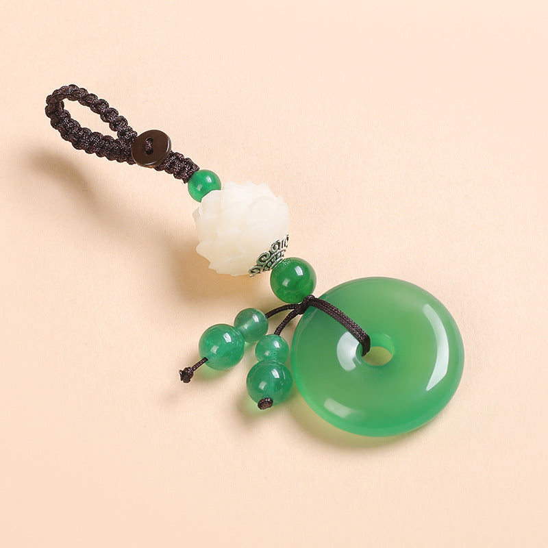 Agate Chalcedony Safety Knot Keychain – green agate Ping An Kou with white lotus bead charm