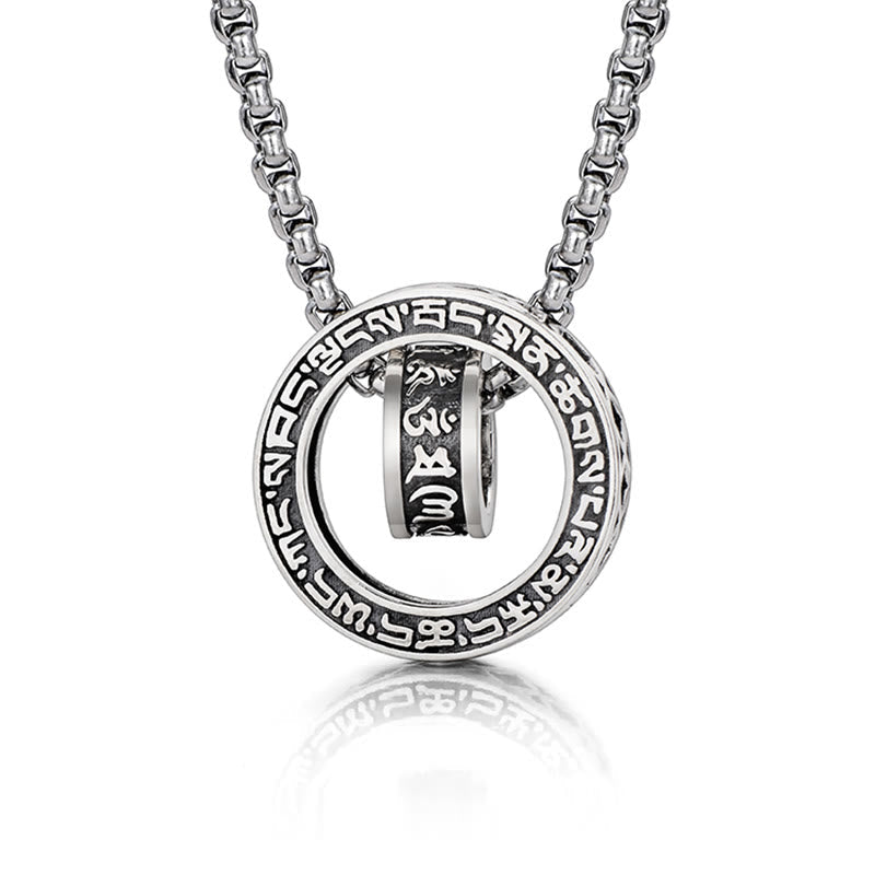 Om Mani Padme Hum Silver Pendant Necklace – Sterling silver box chain with circular mantra ring and engraved cylinder bead, white background front view Main image
