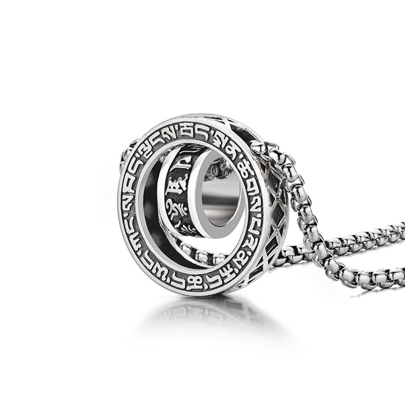 Om Mani Padme Hum Silver Pendant Necklace – Silver circular pendant with Tibetan script ring and inner bead, side profile view on white background