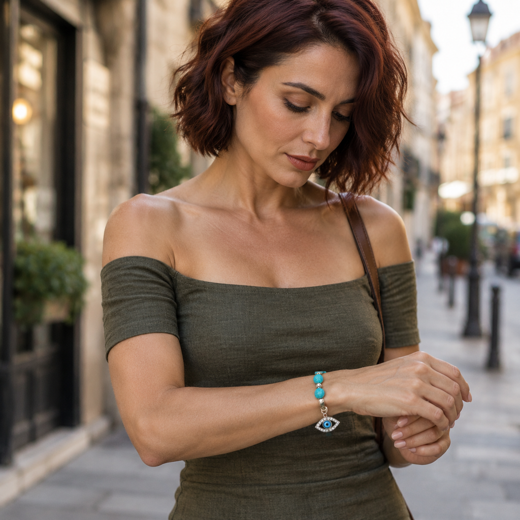 Blue Turquoise Evil Eye Bracelet - model angle