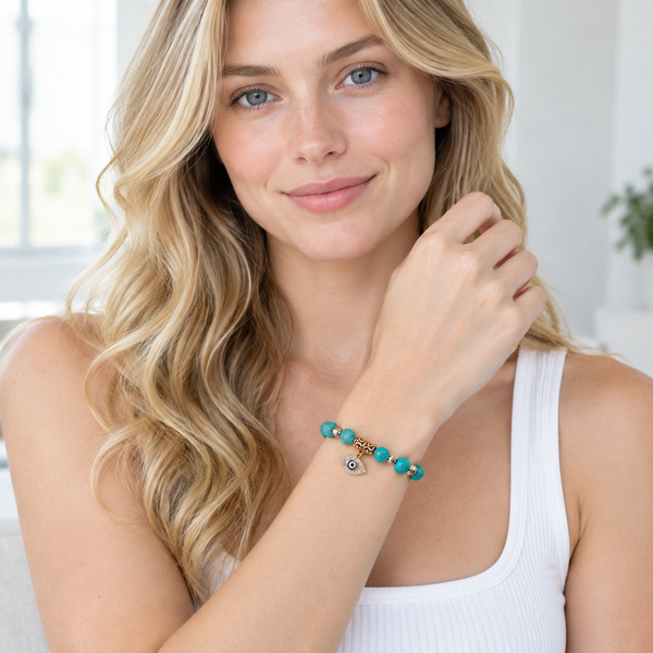 Blue Turquoise Evil Eye Bracelet - model front