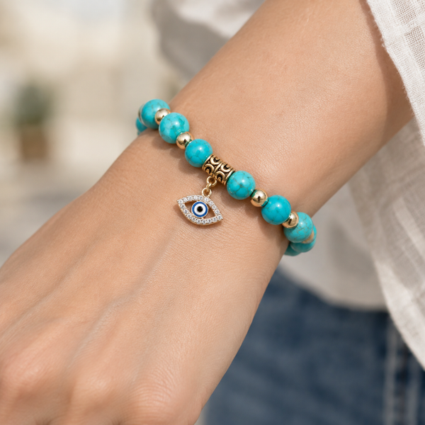 Blue Turquoise Evil Eye Bracelet - wear closeup