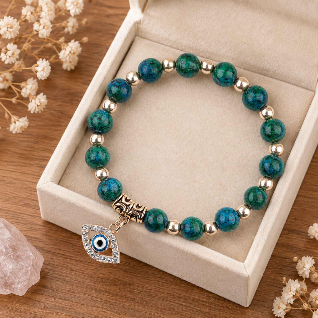 African Turquoise Evil Eye Bracelet - flat lay