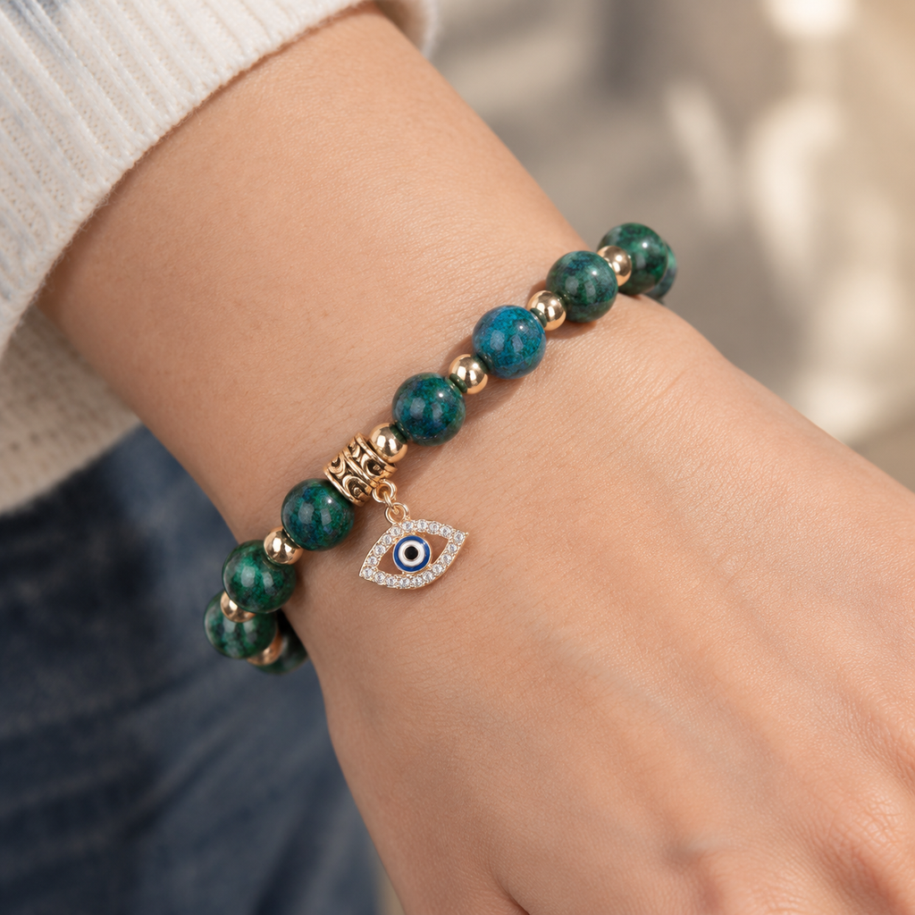 African Turquoise Evil Eye Bracelet - wear closeup