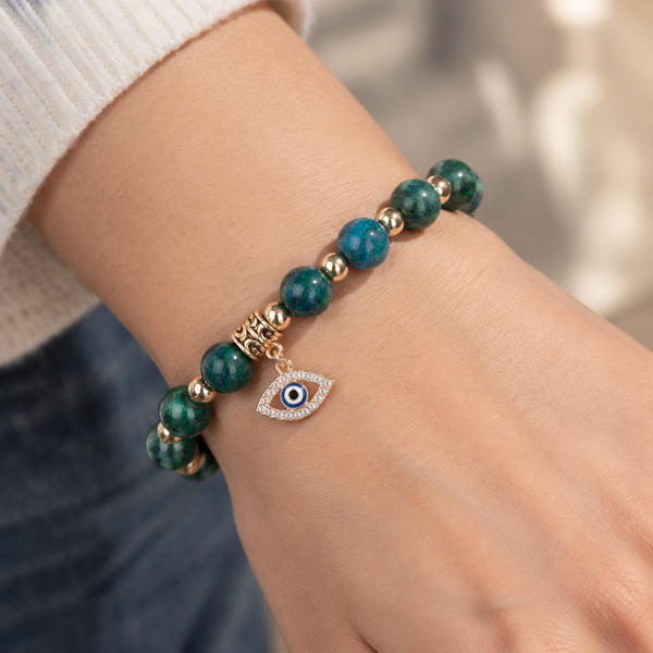 African Turquoise Evil Eye Bracelet - wear closeup