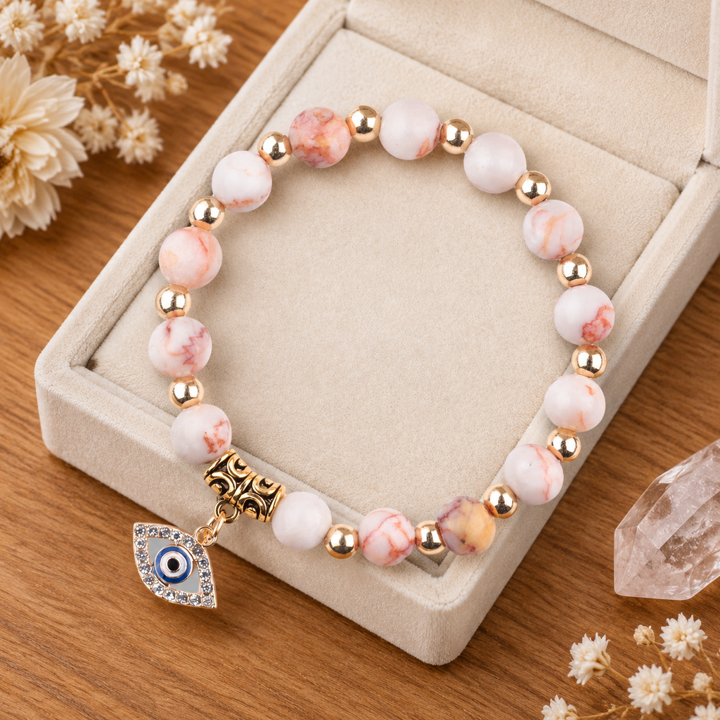 Pink Zebra Stone Evil Eye Bracelet - flat lay