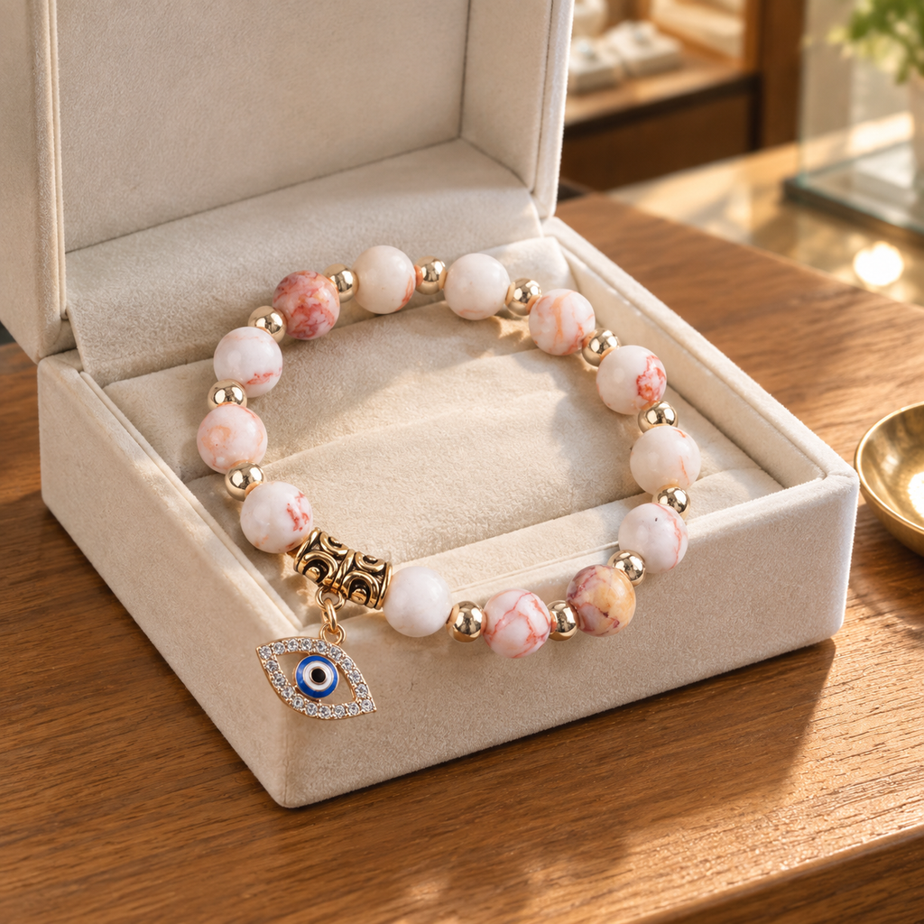 Pink Zebra Stone Evil Eye Bracelet - lifestyle