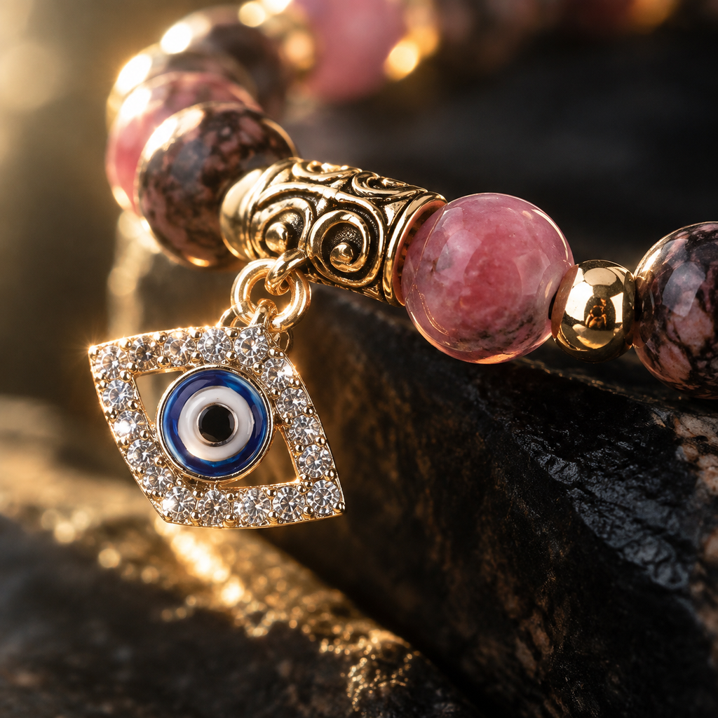 Pink Marbled Stone Evil Eye Bracelet - detail 2