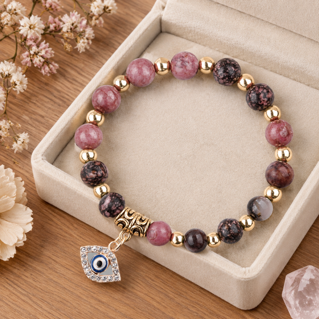 Pink Marbled Stone Evil Eye Bracelet - flat lay
