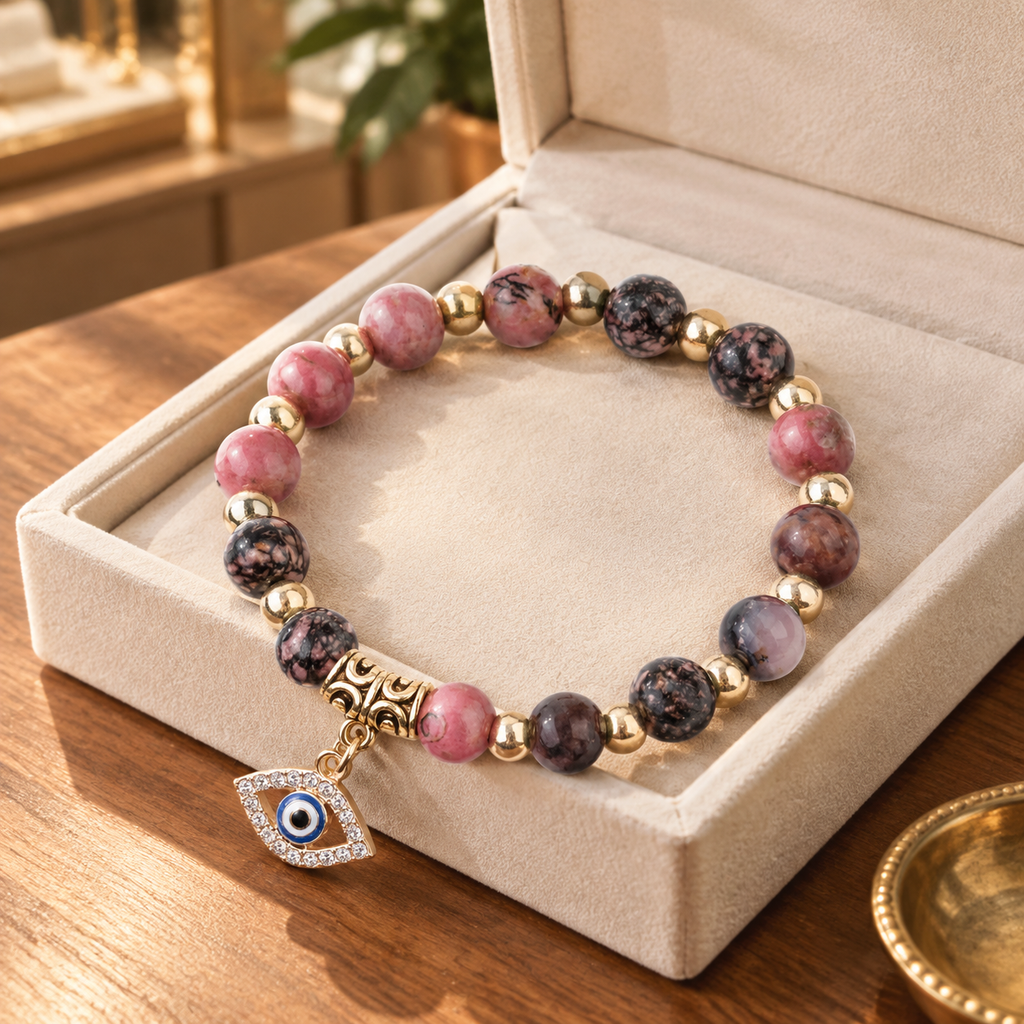 Pink Marbled Stone Evil Eye Bracelet - lifestyle