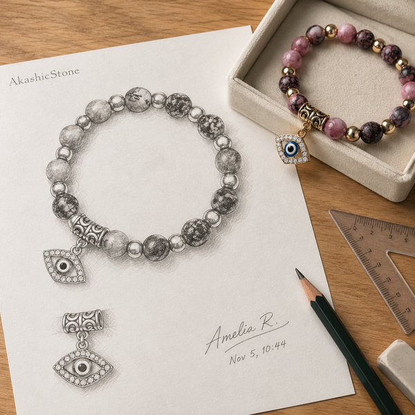 Pink Marbled Stone Evil Eye Bracelet - line art