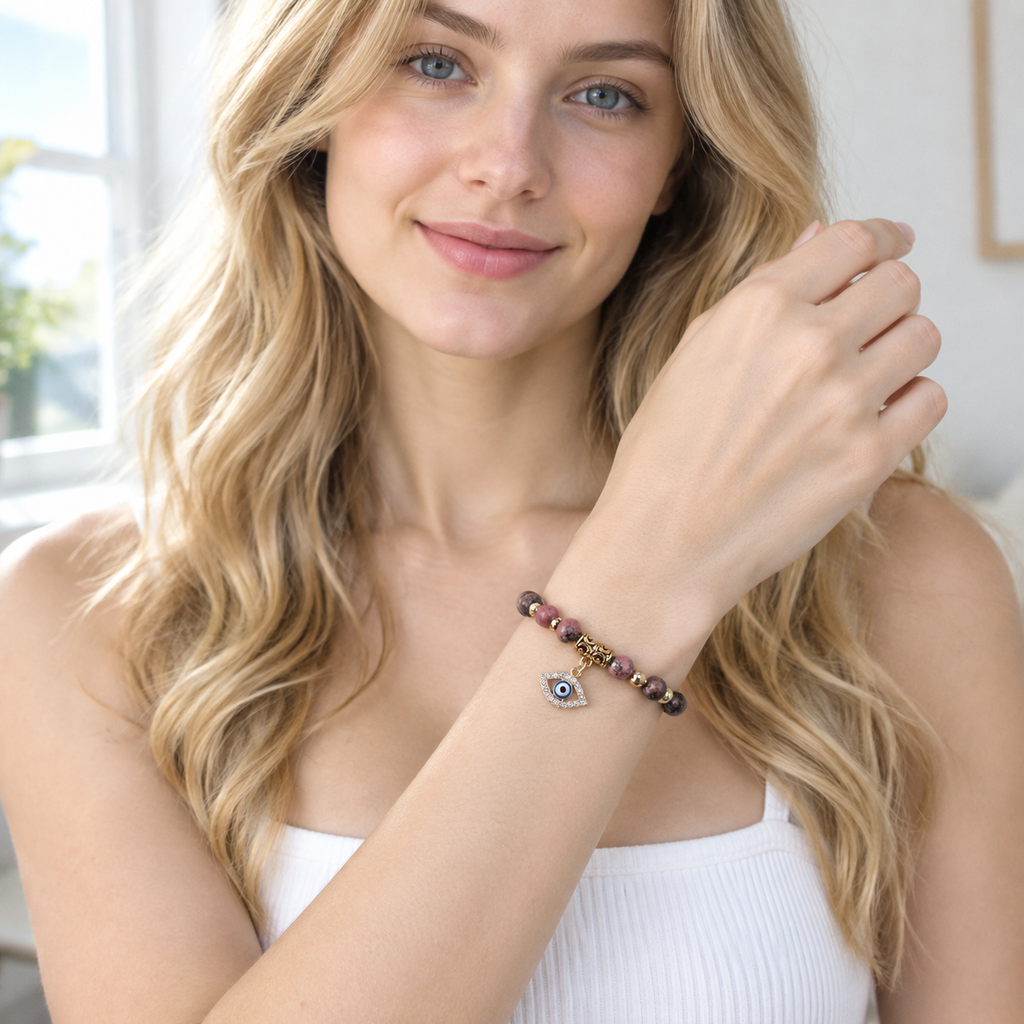 Pink Marbled Stone Evil Eye Bracelet - model front