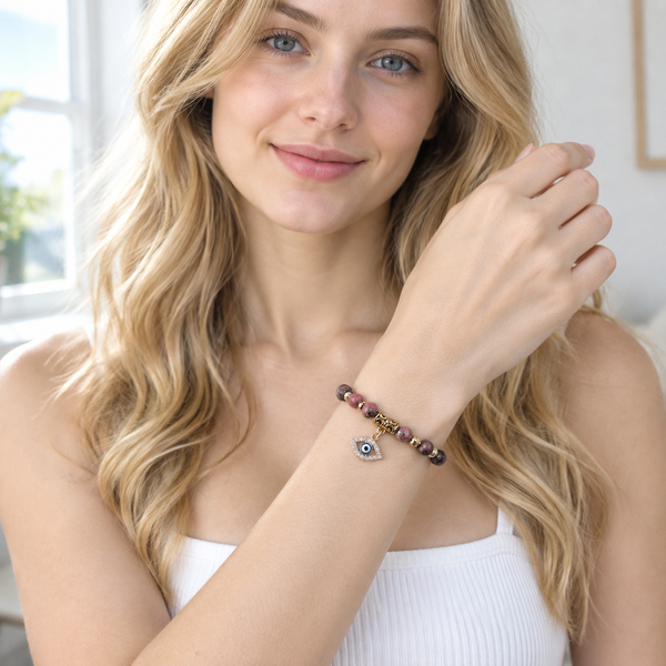 Pink Marbled Stone Evil Eye Bracelet - model front