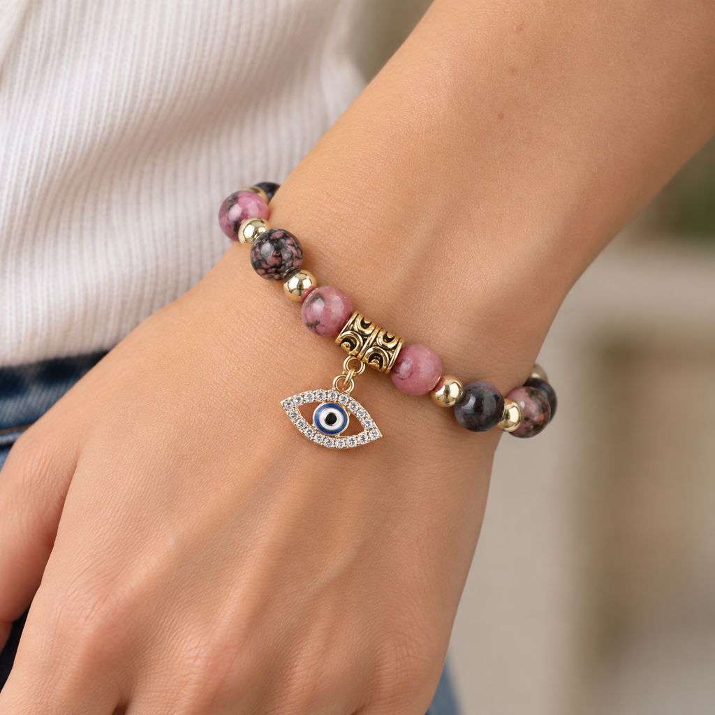 Pink Marbled Stone Evil Eye Bracelet - wear closeup