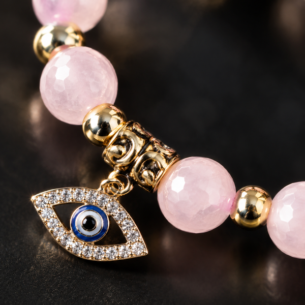 Pale Pink Rose Quartz Evil Eye Bracelet - detail 1