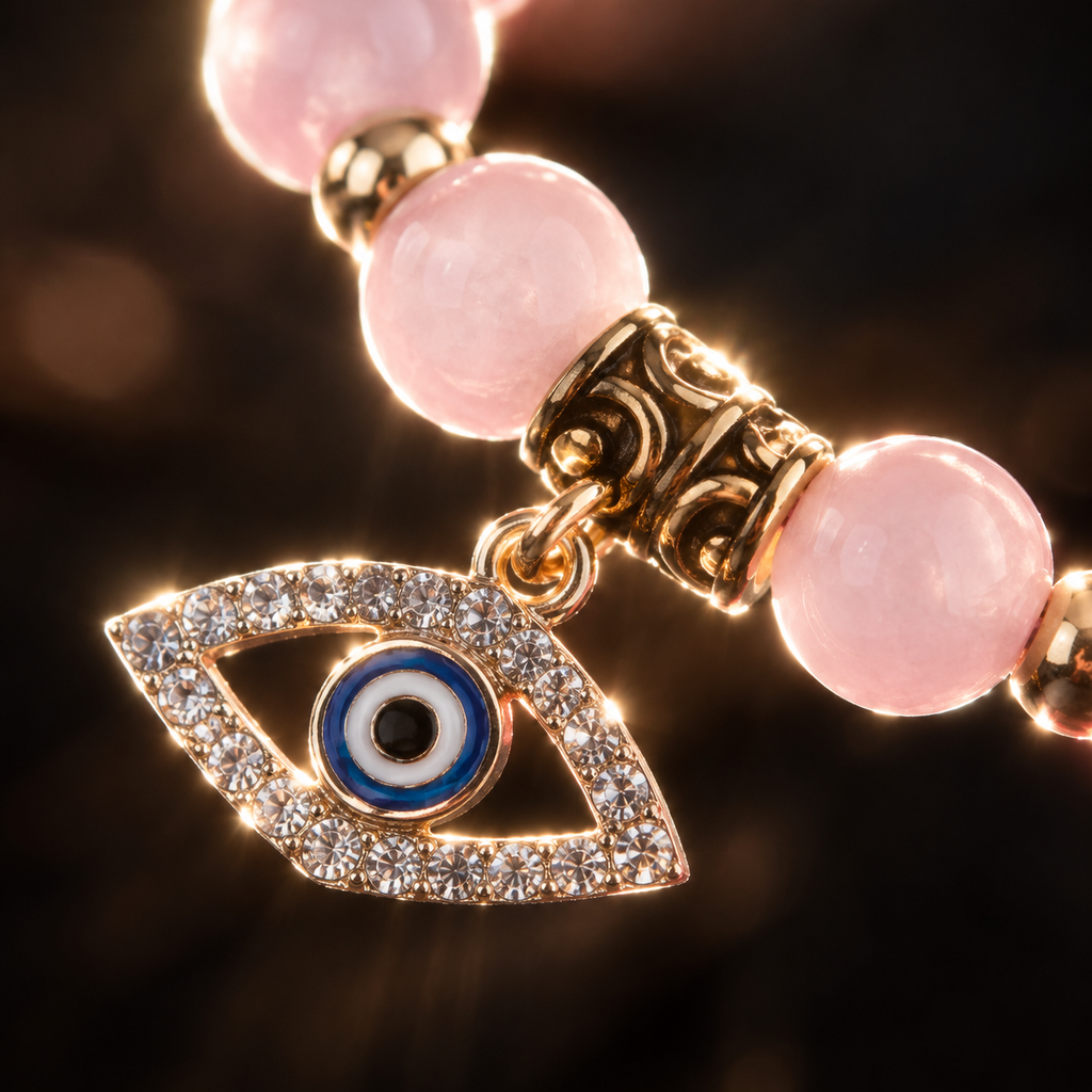 Pale Pink Rose Quartz Evil Eye Bracelet - detail 2