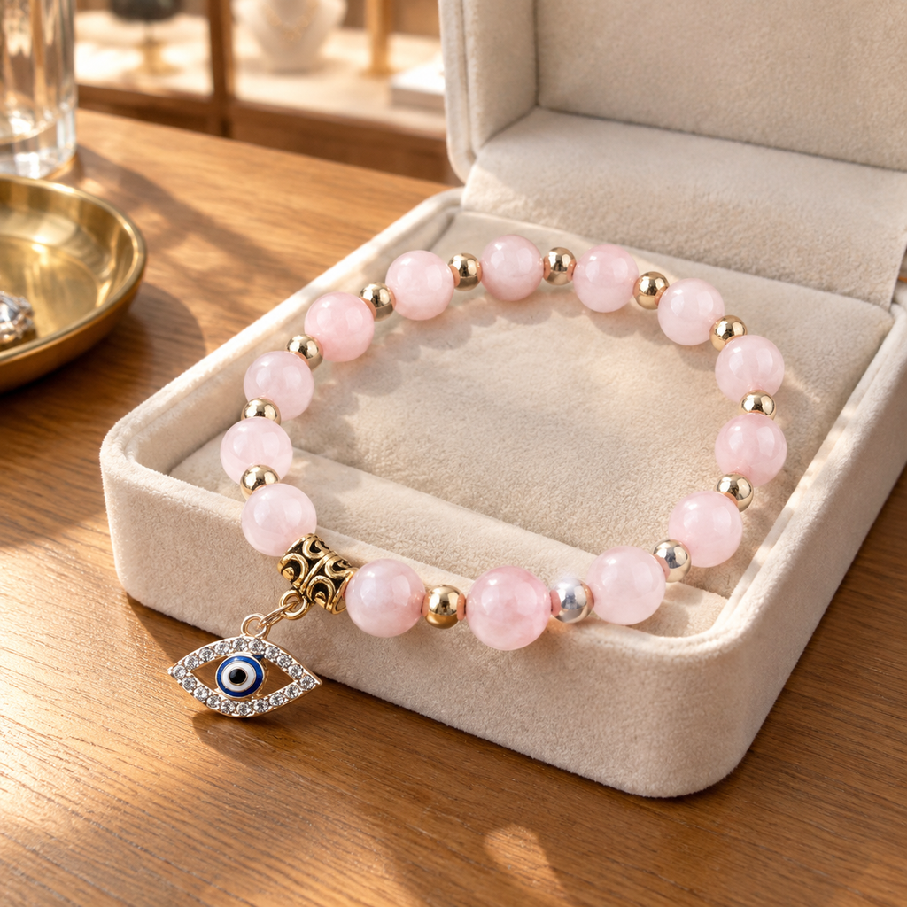 Pale Pink Rose Quartz Evil Eye Bracelet - lifestyle