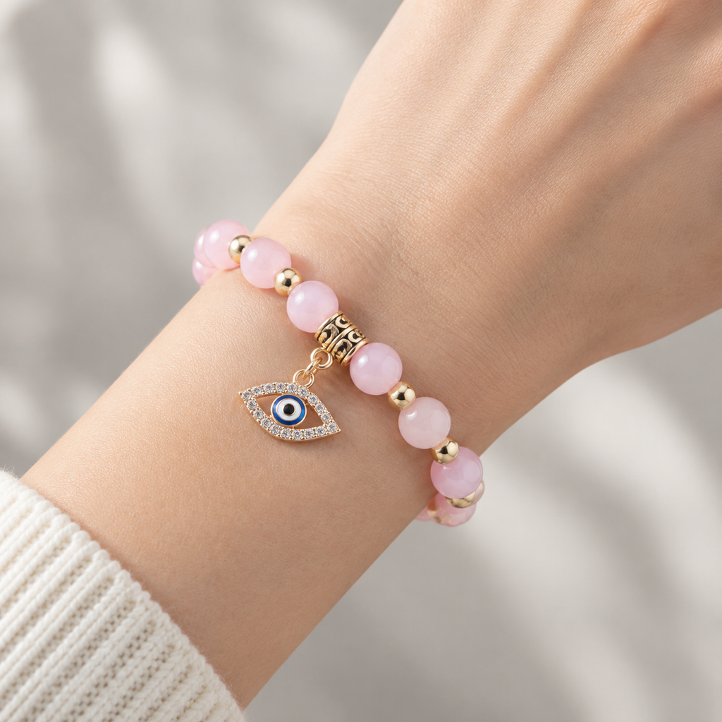 Pale Pink Rose Quartz Evil Eye Bracelet - wear closeup