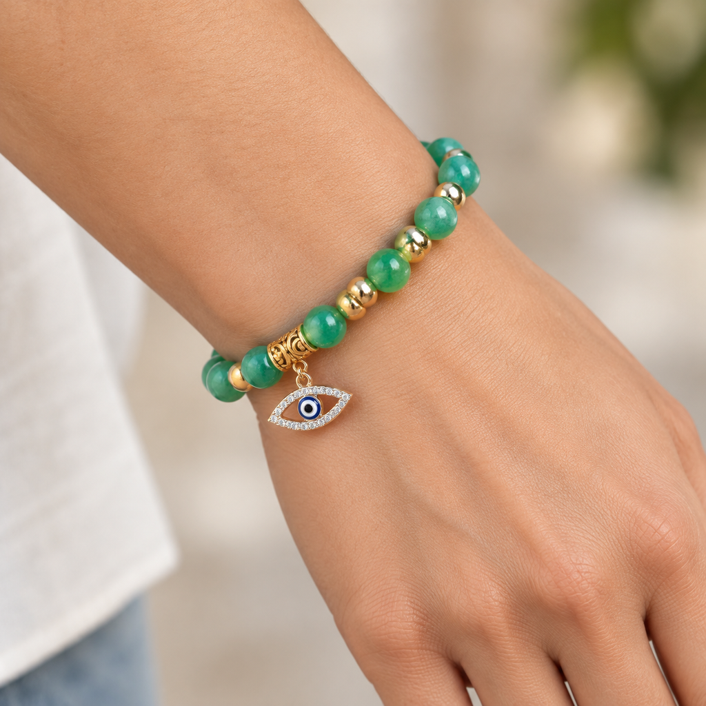 Green Aventurine Evil Eye Bracelet - wear closeup