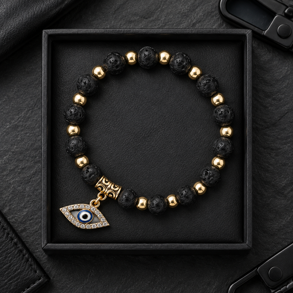 Black Lava Bead Evil Eye Bracelet - flat lay