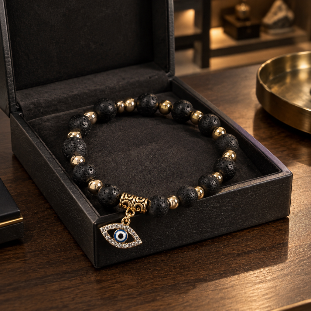 Black Lava Bead Evil Eye Bracelet - lifestyle