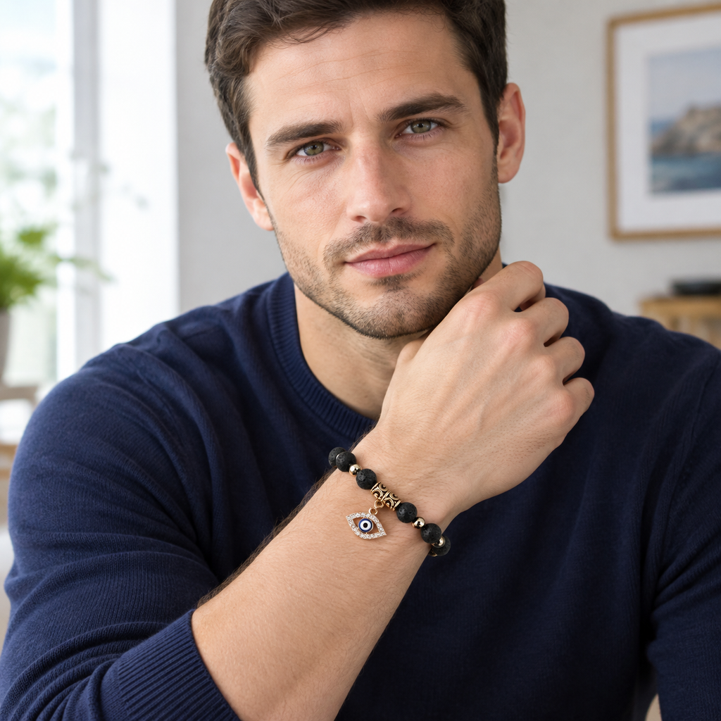 Black Lava Bead Evil Eye Bracelet - model front