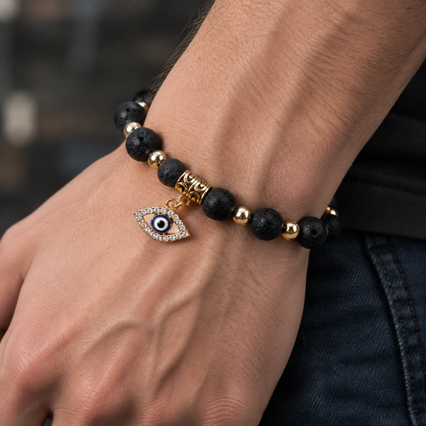 Black Lava Bead Evil Eye Bracelet - wear closeup