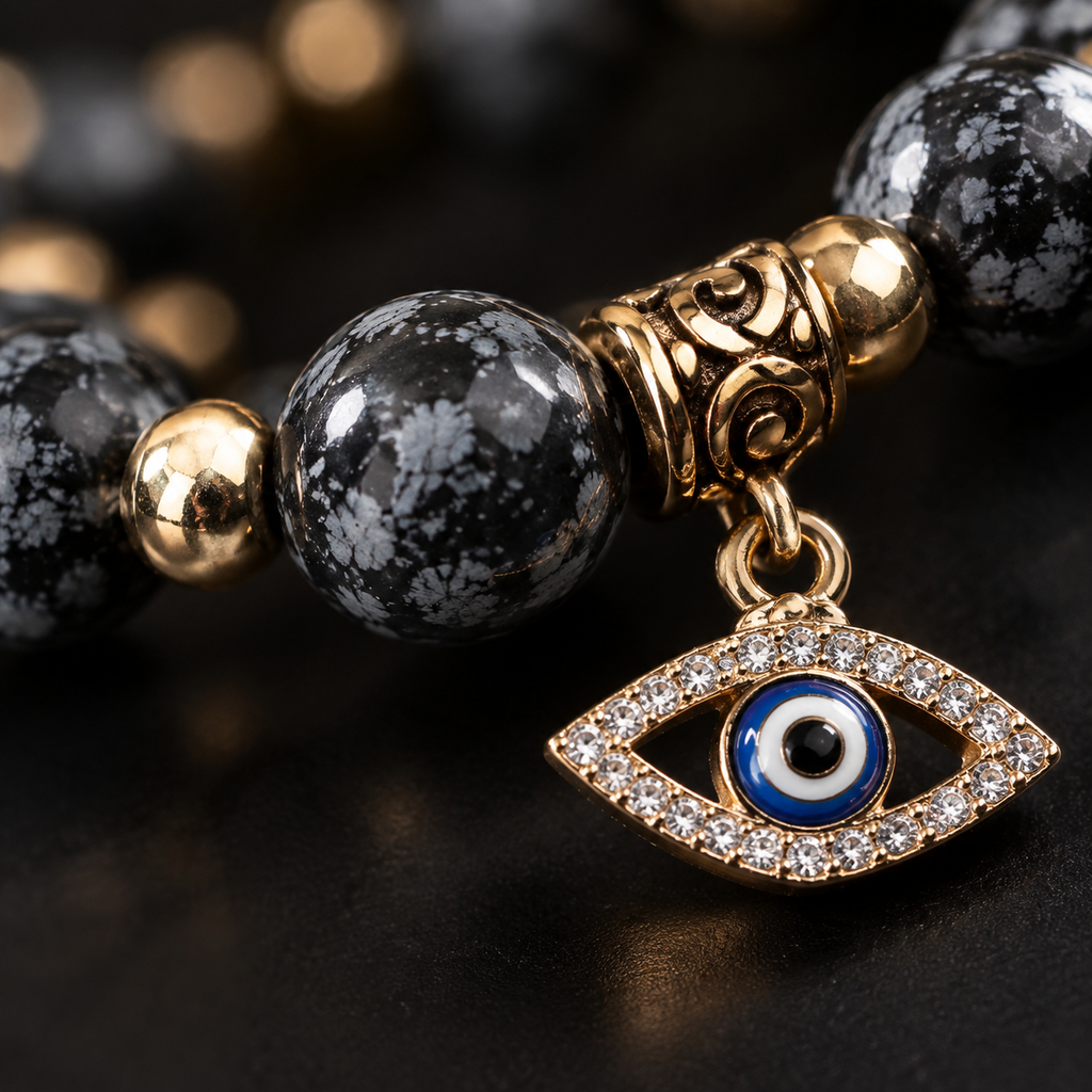 Black Grey Snowflake Stone Evil Eye Bracelet - detail 1