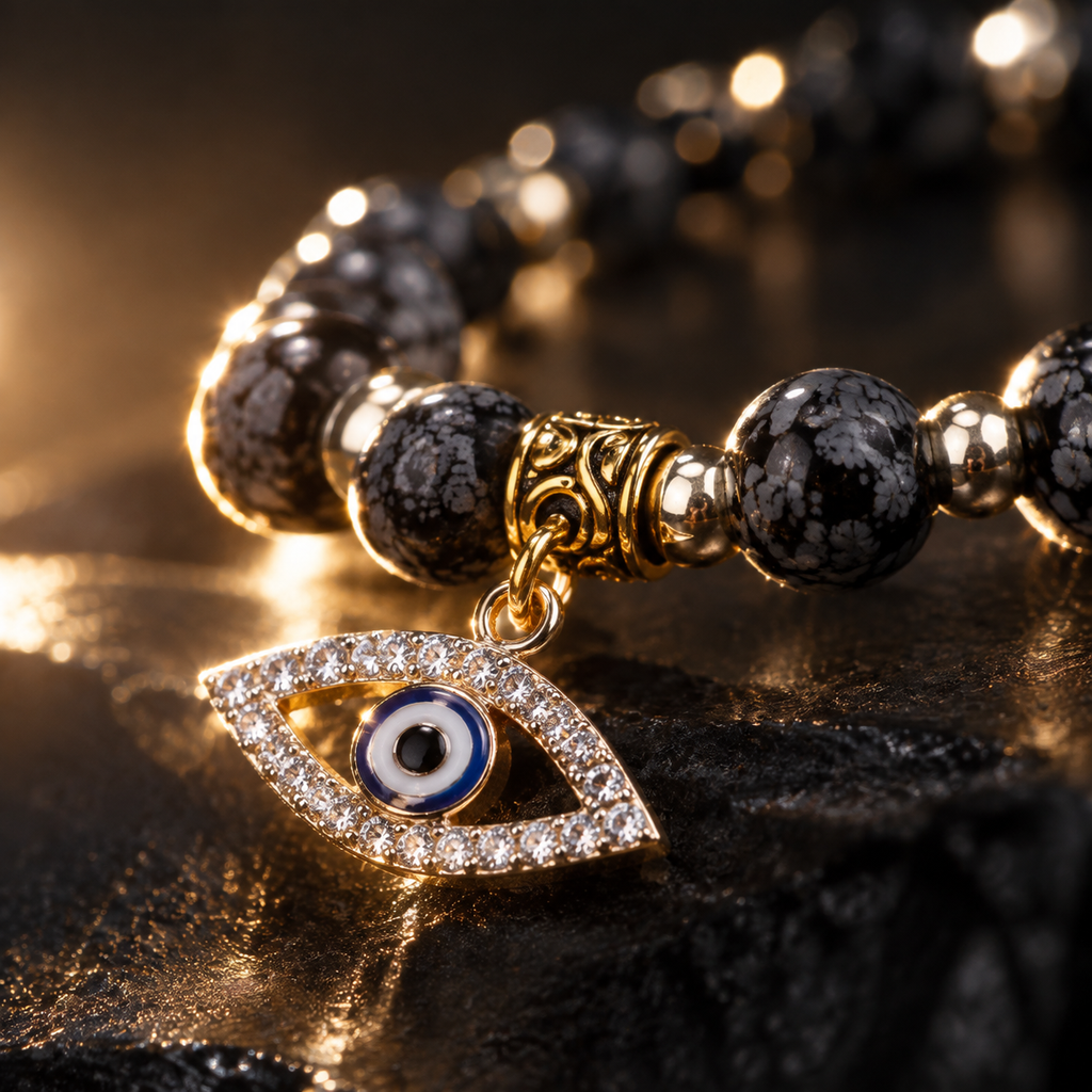 Black Grey Snowflake Stone Evil Eye Bracelet - detail 2