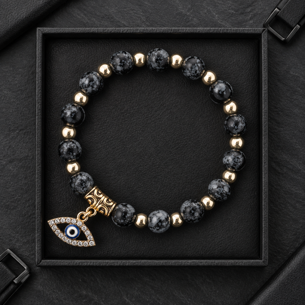 Black Grey Snowflake Stone Evil Eye Bracelet - flat lay