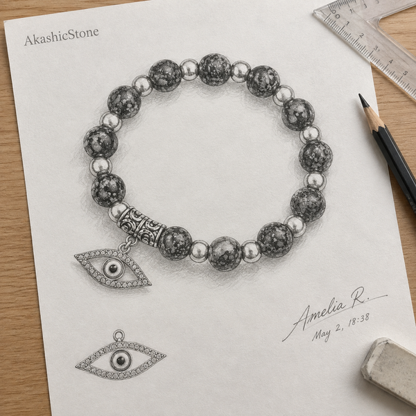 Black Grey Snowflake Stone Evil Eye Bracelet - line art