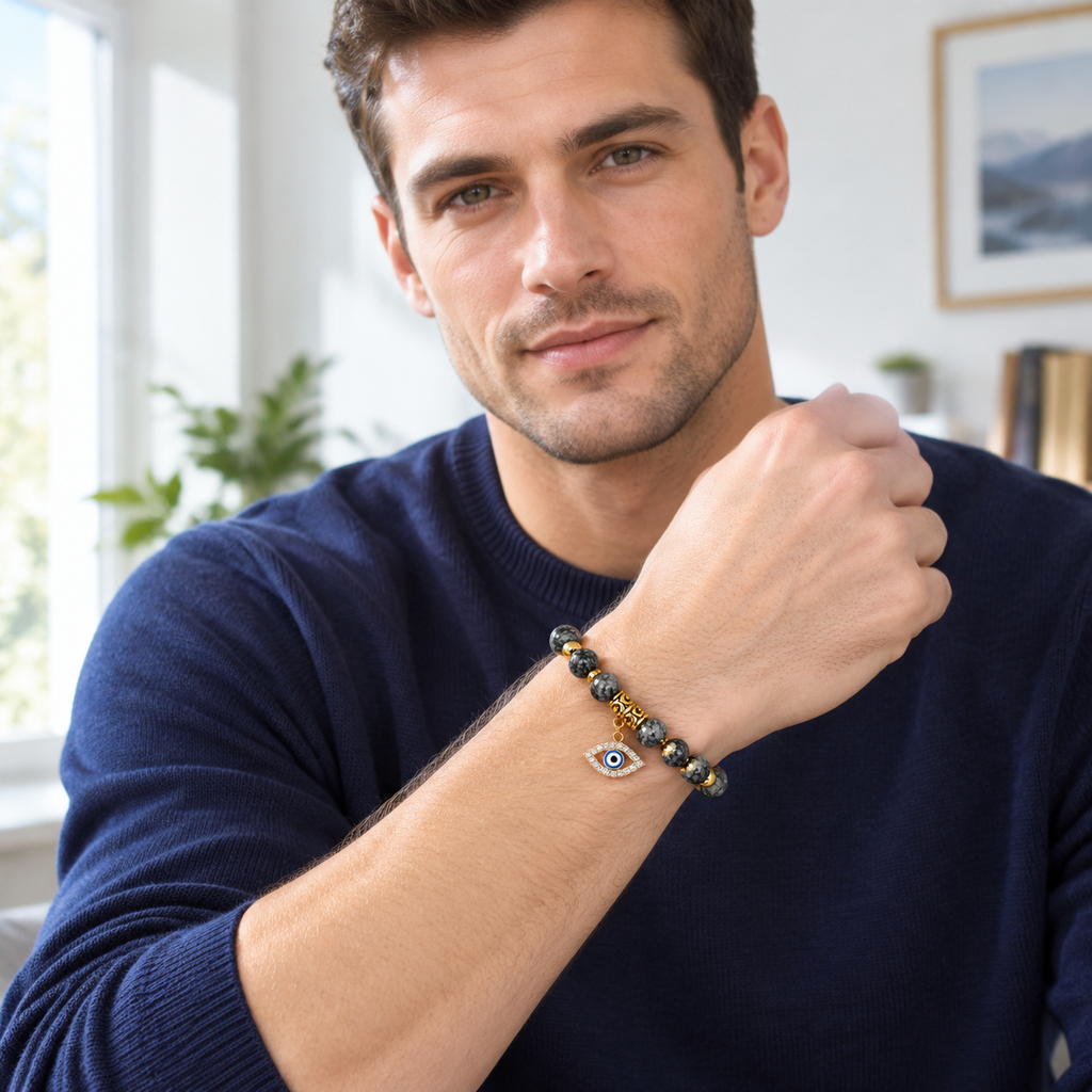 Black Grey Snowflake Stone Evil Eye Bracelet - model front