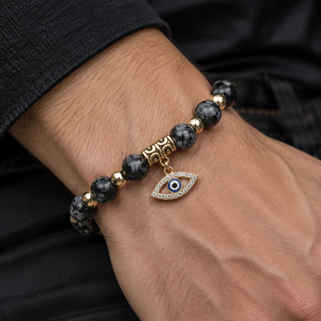 Black Grey Snowflake Stone Evil Eye Bracelet - wear closeup
