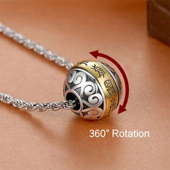 Taoist Nine-Character Mantra Copper Pendant – Silver filigree rotating bead with gold inscribed band on rope chain, tan leather with red rotation arrow annotation
