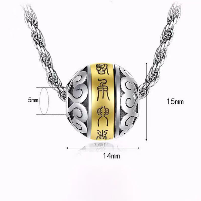Taoist Nine-Character Mantra Copper Pendant – Silver spherical pendant with gold seal script characters and cloud scrollwork on rope chain, white background with dimensions