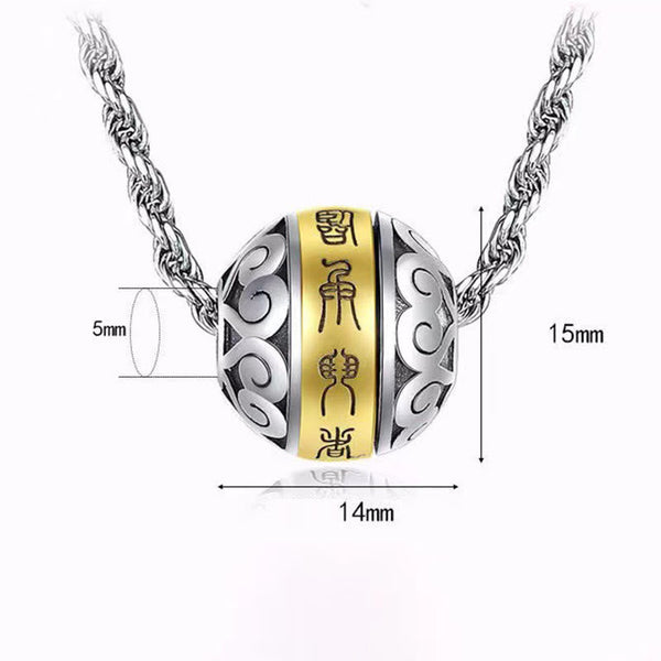 Taoist Nine-Character Mantra Copper Pendant – Silver spherical pendant with gold seal script characters and cloud scrollwork on rope chain, white background with dimensions