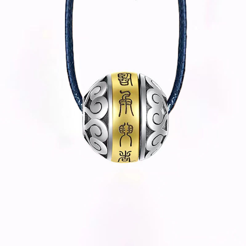 Taoist Nine-Character Mantra Copper Pendant – Silver sphere with gold nine-character mantra band and cloud filigree on dark blue cord, white background frontal view