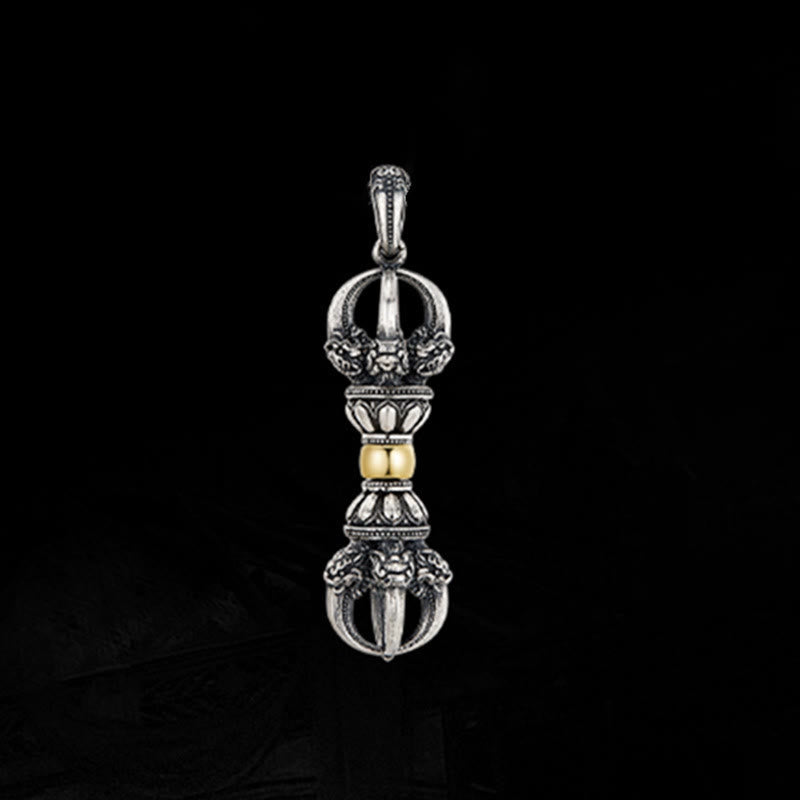 Tibetan Vajra Dorje Pendant Necklace – Antiqued silver with gold center on twisted rope chain, white seamless background product shot
