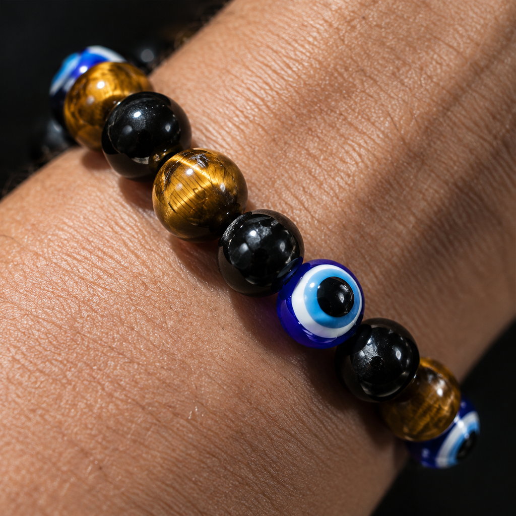 Tiger Eye and Black Stone Evil Eye Stretch Bracelet - detail 1