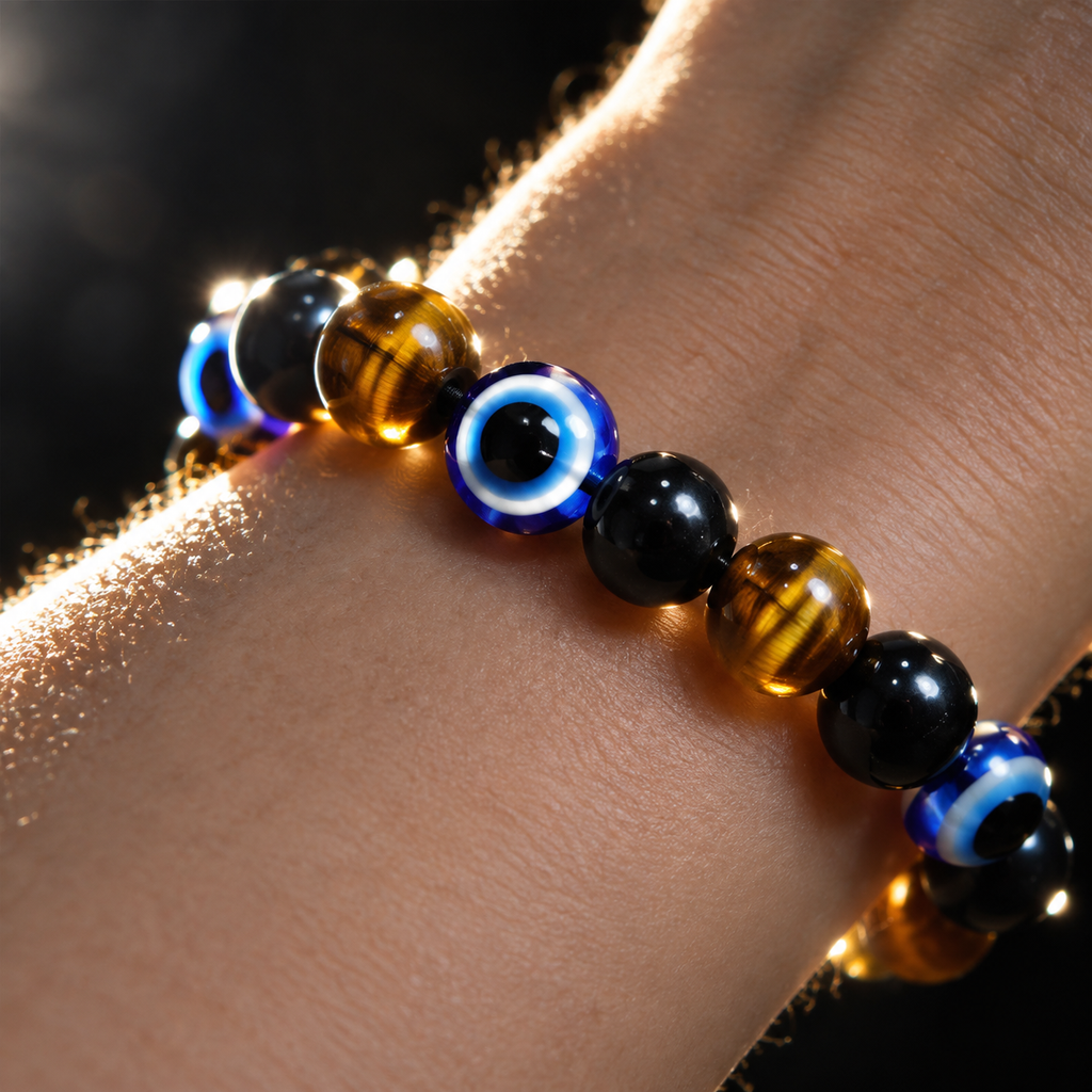 Tiger Eye and Black Stone Evil Eye Stretch Bracelet - detail 2