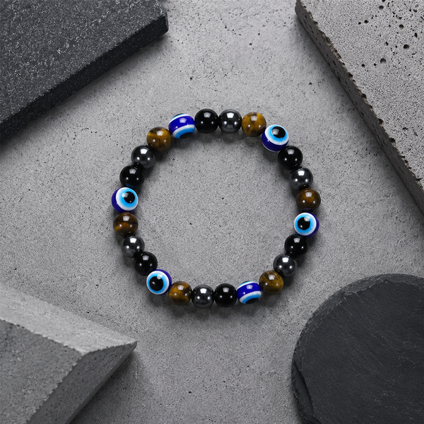 Tiger Eye and Black Stone Evil Eye Stretch Bracelet - flat lay