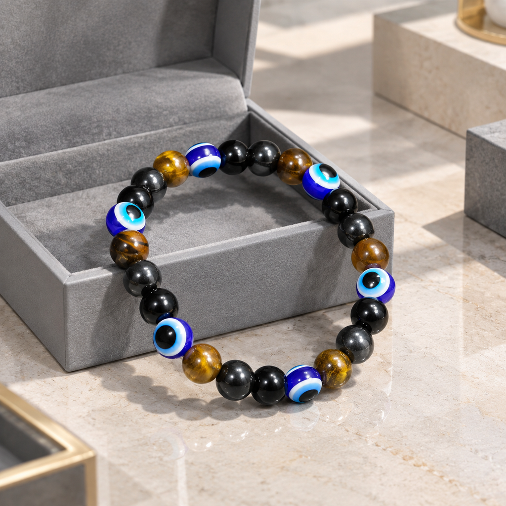 Tiger Eye and Black Stone Evil Eye Stretch Bracelet - lifestyle