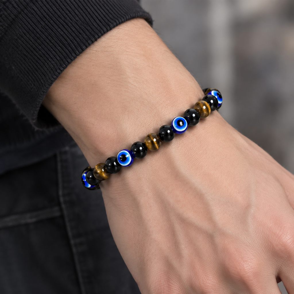 Tiger Eye and Black Stone Evil Eye Stretch Bracelet - wear closeup