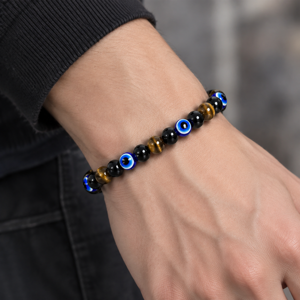Tiger Eye and Black Stone Evil Eye Stretch Bracelet - wear closeup