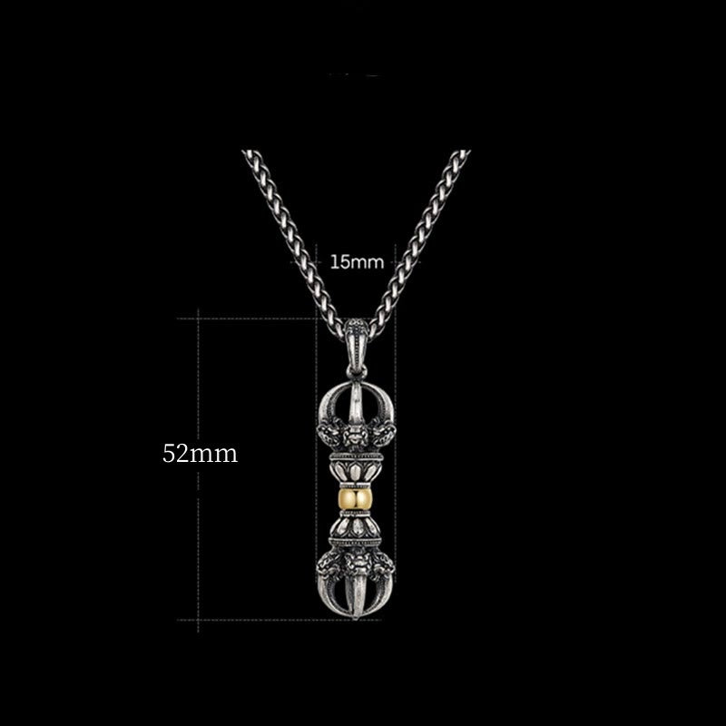 Tibetan Vajra Dorje Pendant Necklace – Silver dorje pendant close-up showing 15mm scale, black chain on pure black background