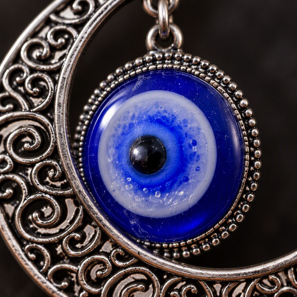 Turkish Blue Evil Eye Necklace - Macro detail of the geometric pendant and blue eye motif