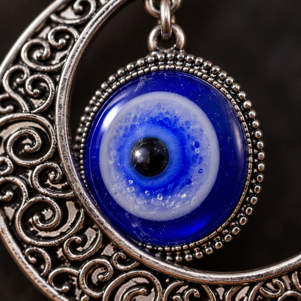 Turkish Blue Evil Eye Necklace - Macro detail of the geometric pendant and blue eye motif
